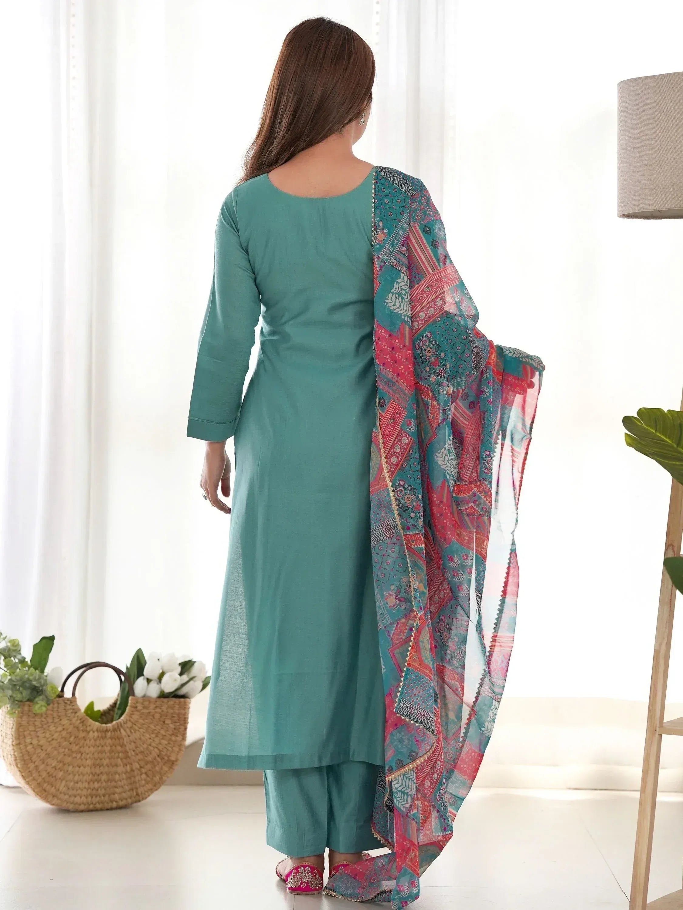 Teal Indian salwar kameez with printed dupatta, ethnic wear for women