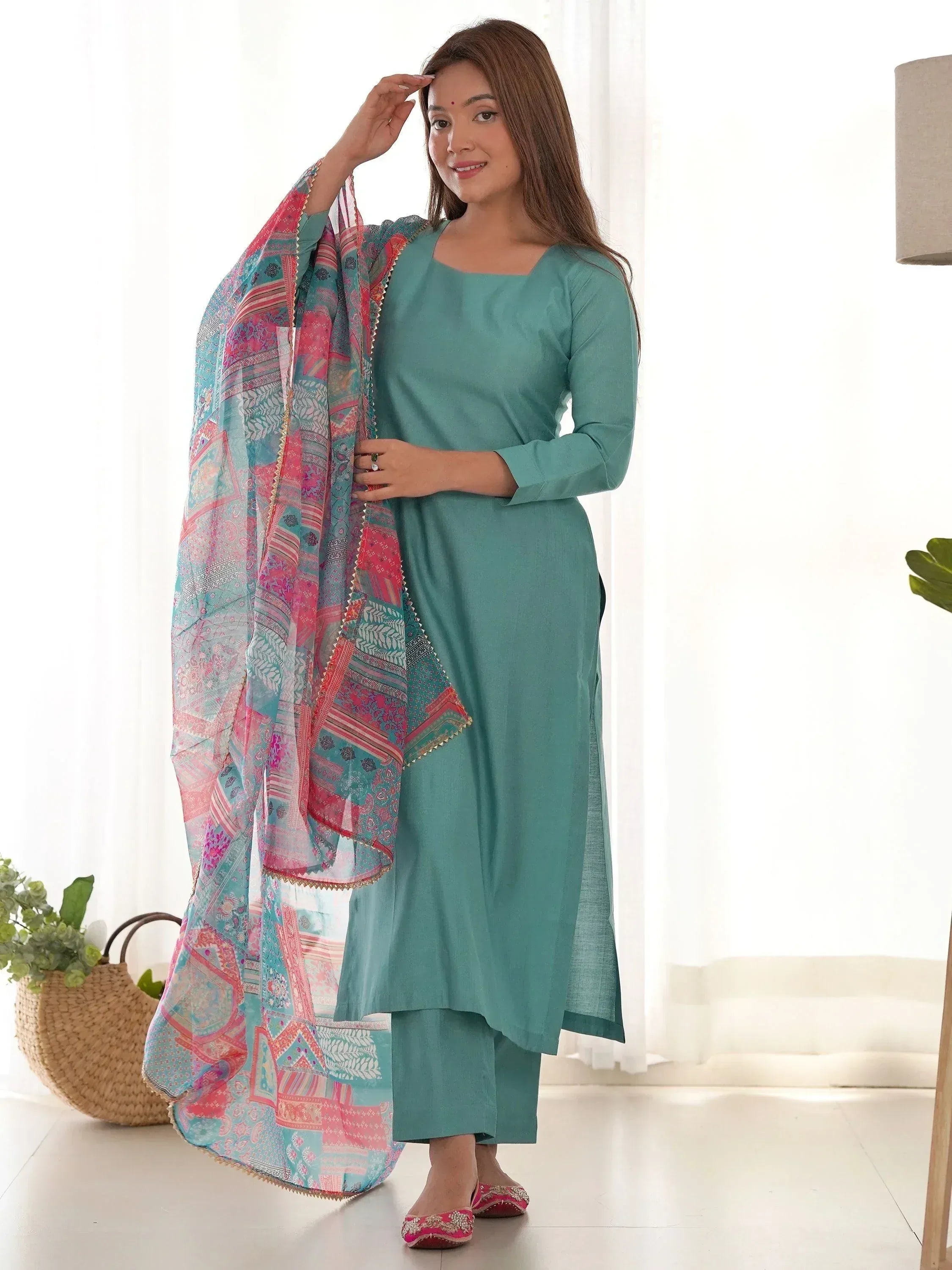 Teal ethnic kurta with printed dupatta, stylish salwar kameez for women, Indian traditional wear