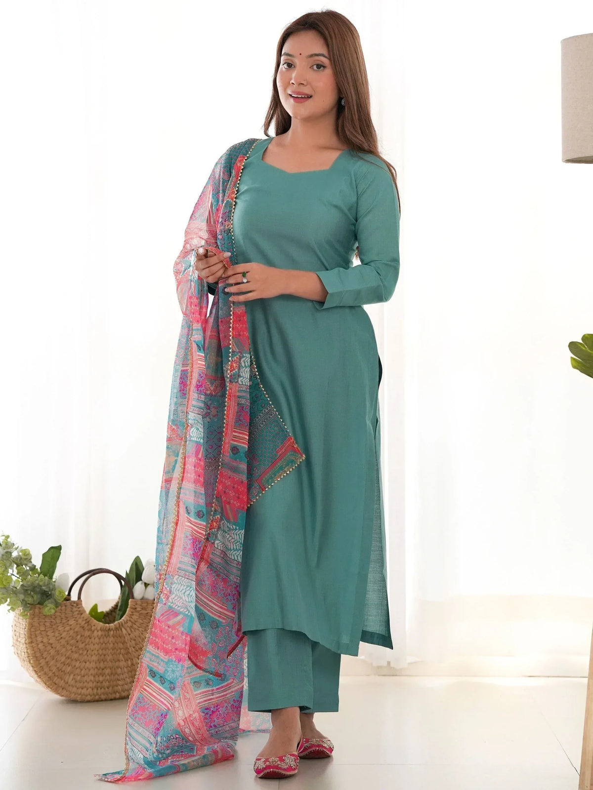 Teal Indian ethnic kurta set with printed dupatta, perfect for festive occasions and daily wear.