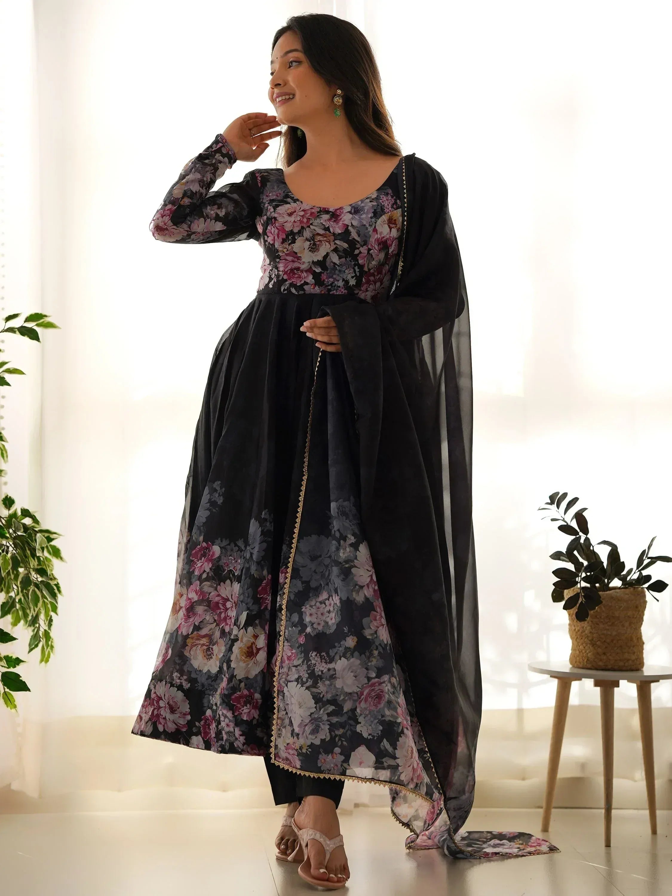 Floral print black anarkali suit with sheer dupatta, ethnic Indian wear for women