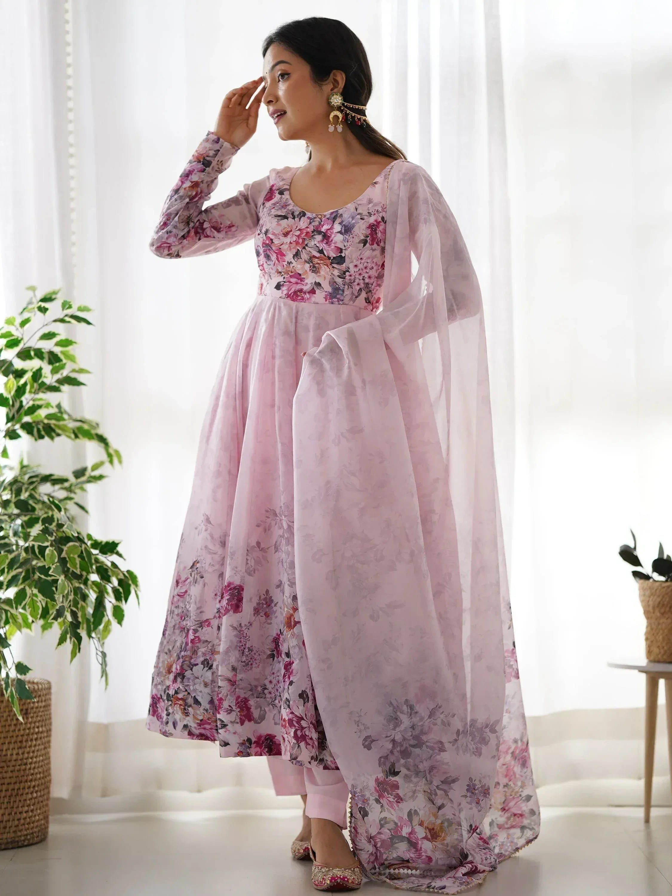 Pink floral printed anarkali suit with sheer dupatta, ethnic Indian wear for women