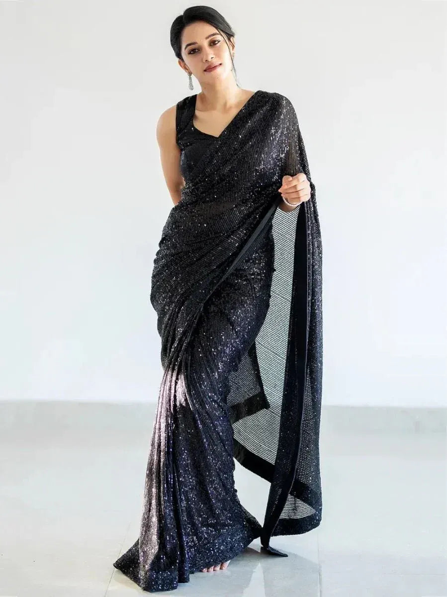 Marvelous Black Fully Sequins Work Georgette Saree With Blouse