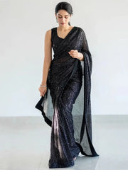 Marvelous Black Fully Sequins Work Georgette Saree With Blouse