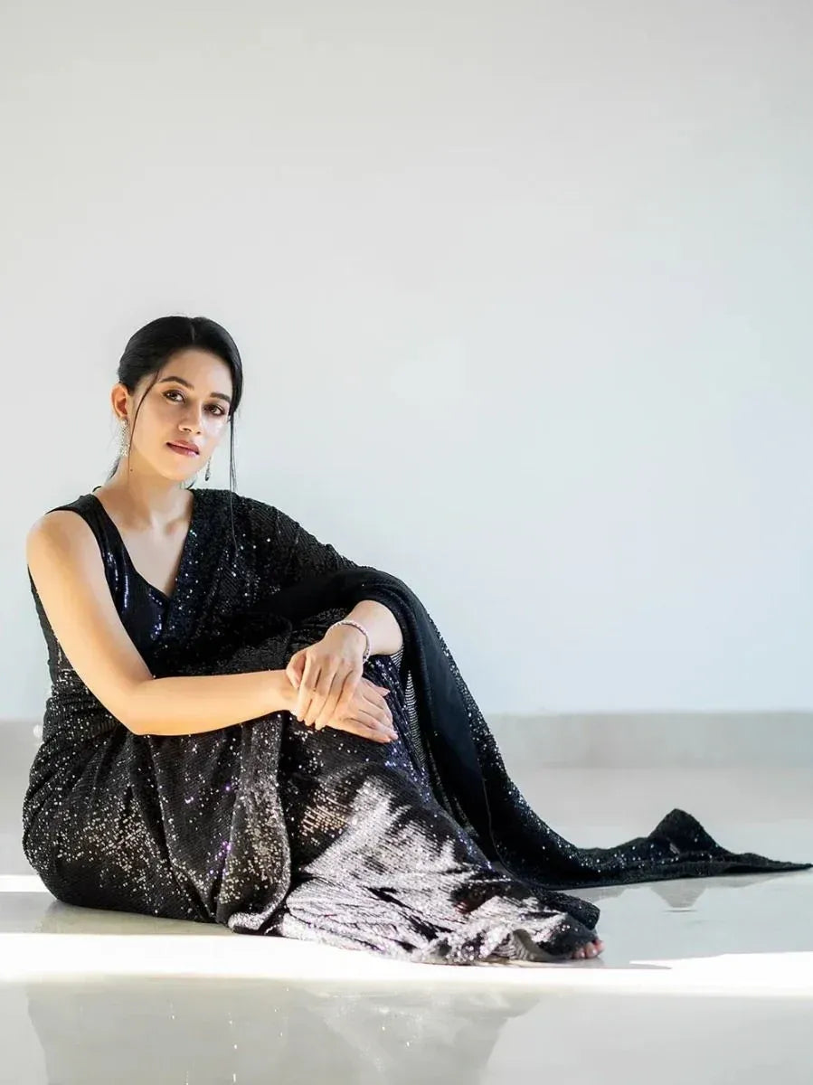 Marvelous Black Fully Sequins Work Georgette Saree With Blouse