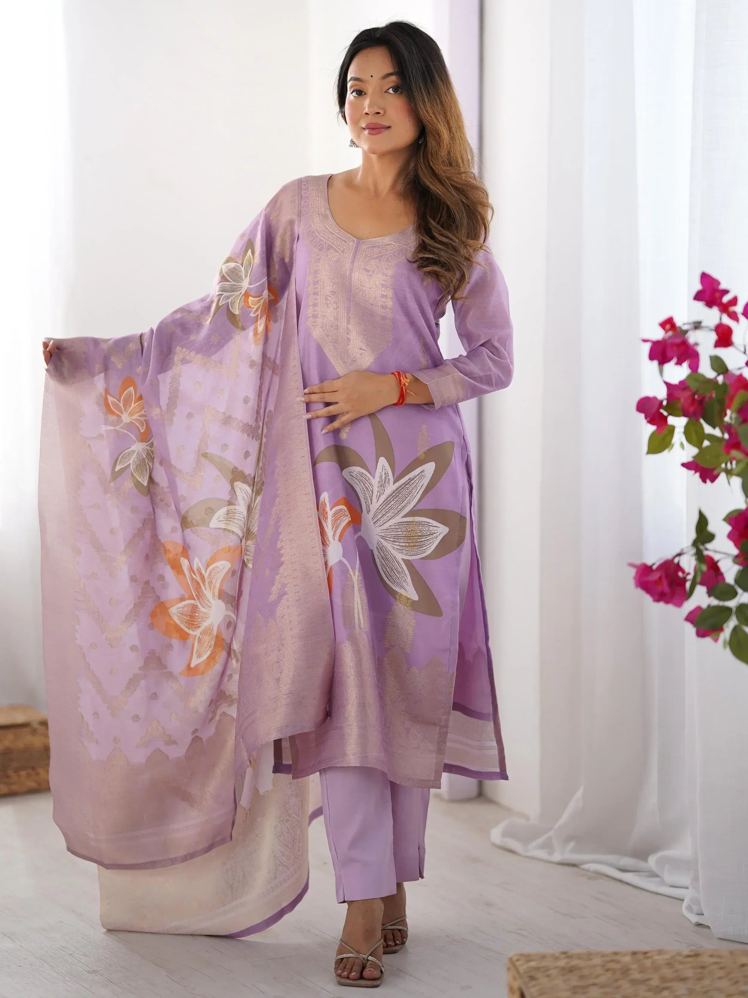 Lavender floral print salwar kameez with matching dupatta, ethnic Indian wear for women