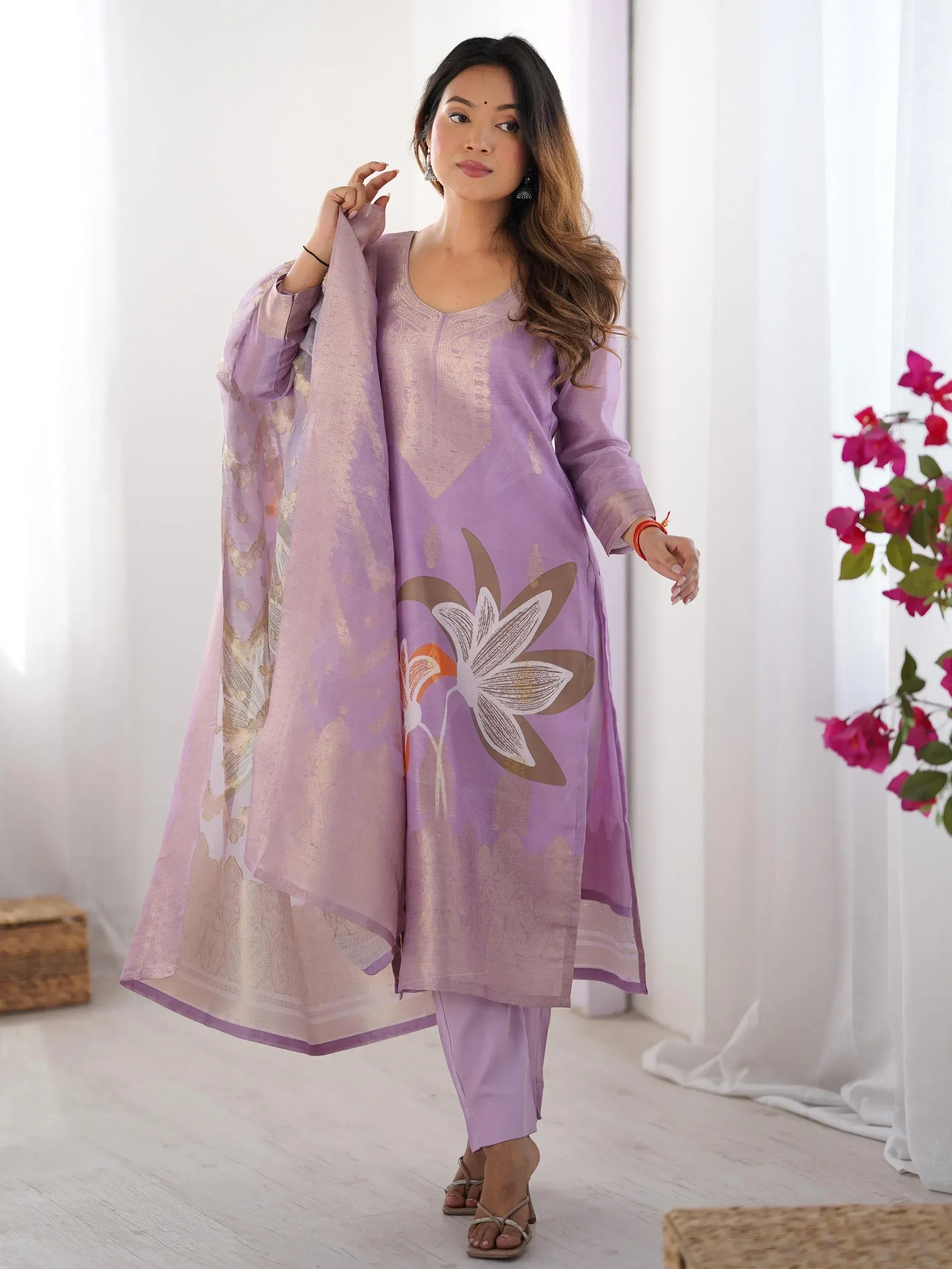 Lavender floral print salwar kameez with gold embroidery, ethnic Indian wear for women