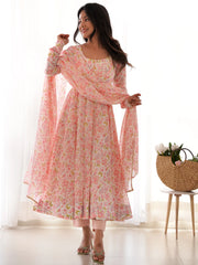 Impressive Peach Chiffon Floral Printed Casual Wear Anarkali Suit - Ethnic Plus In