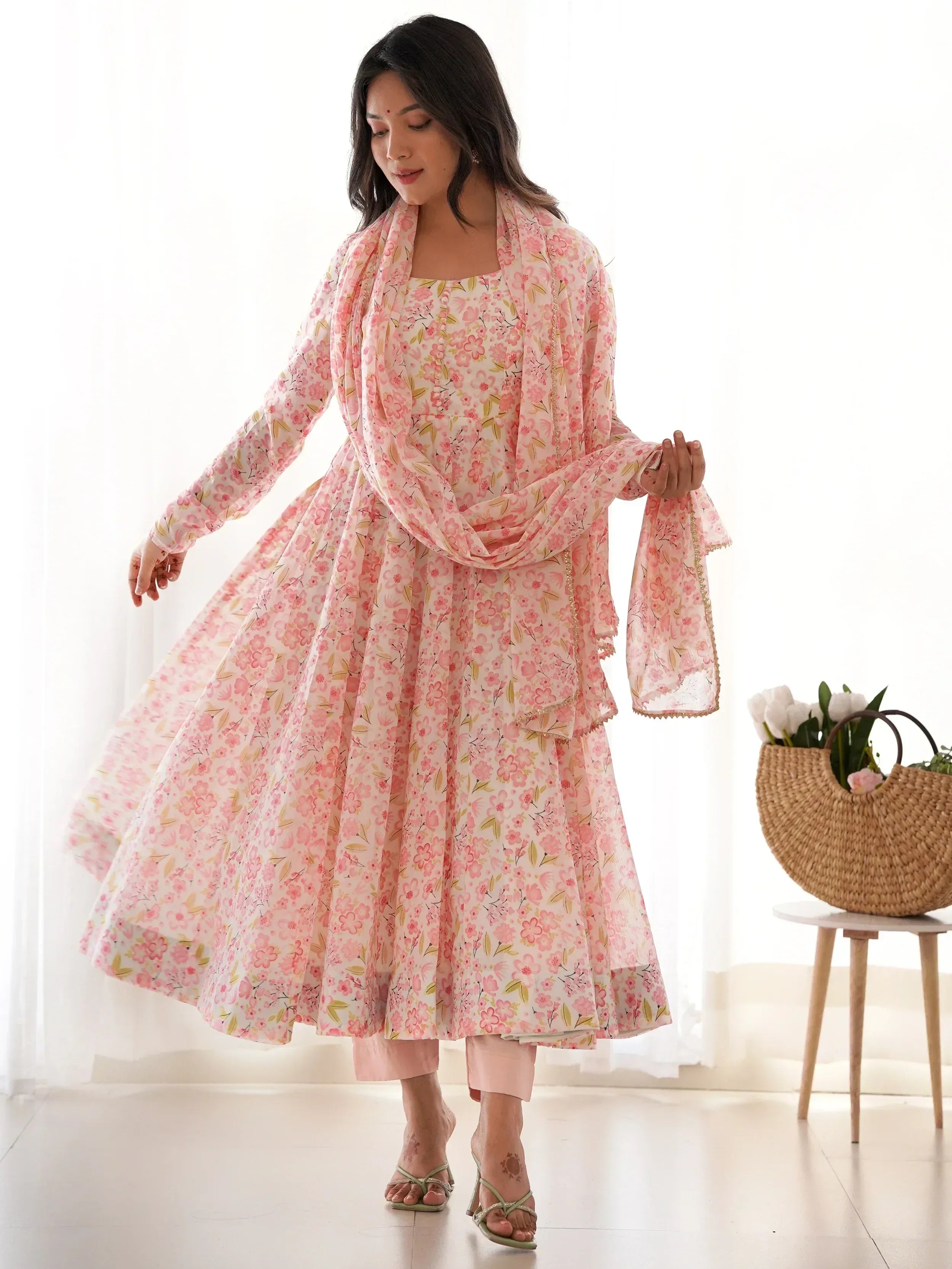 Pink floral printed salwar kameez with matching dupatta, ethnic Indian wear for women