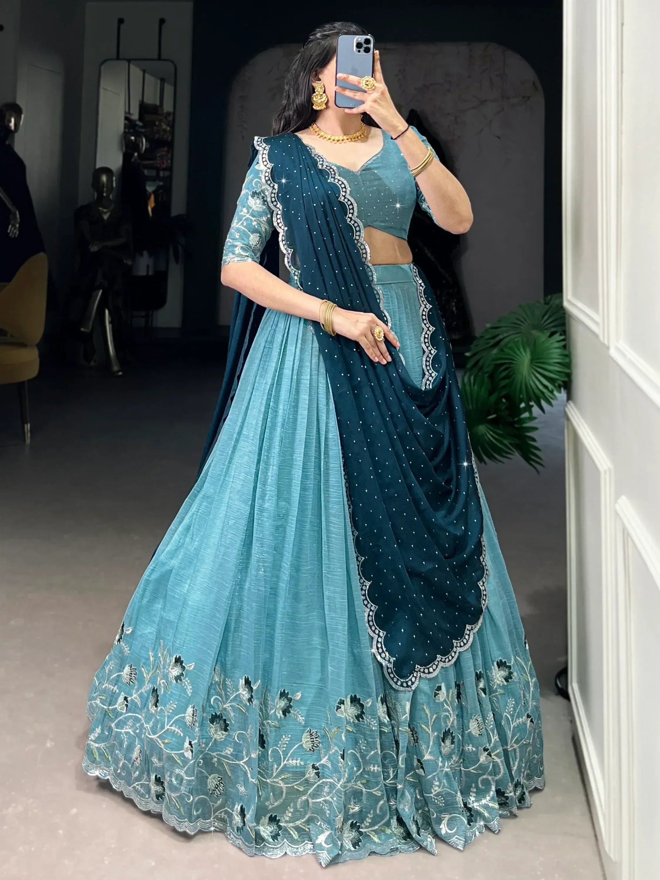 Teal blue embroidered lehenga choli with dupatta, Indian ethnic wear for weddings and parties