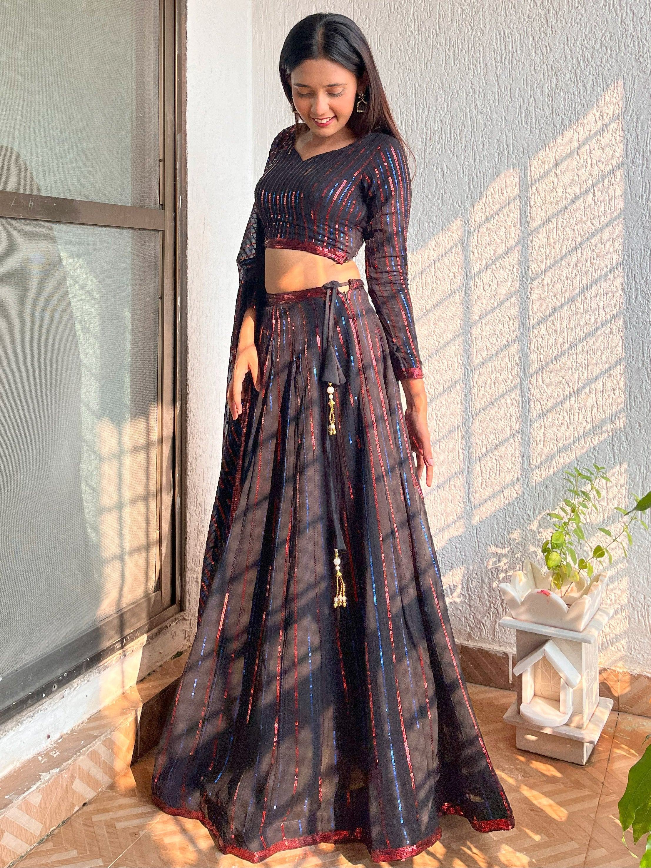 Black and red sequin lehenga choli with long sleeves, perfect for Indian ethnic wear events