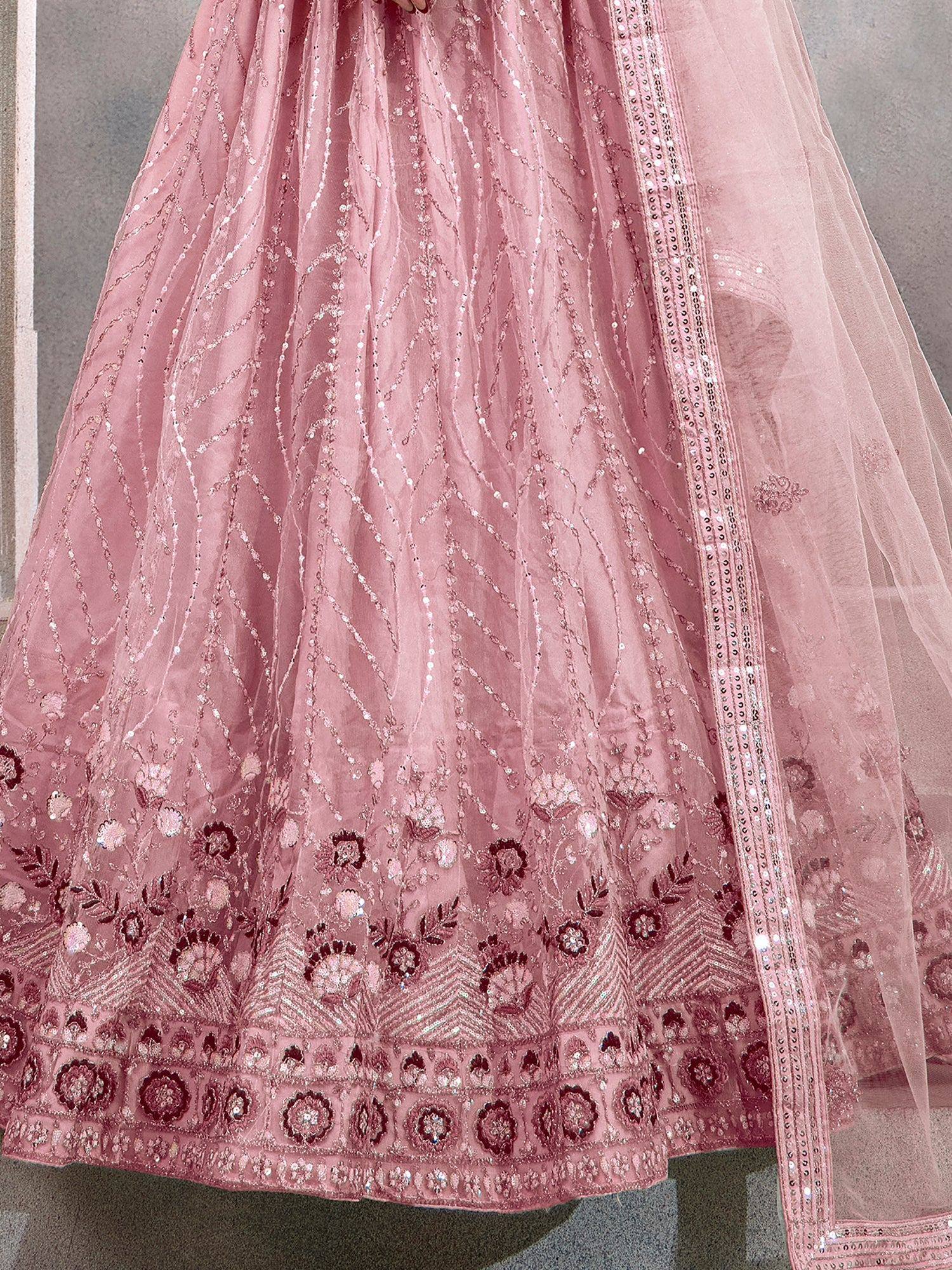 Pink designer lehenga with intricate floral embroidery and sequin detailing for Indian ethnic wear