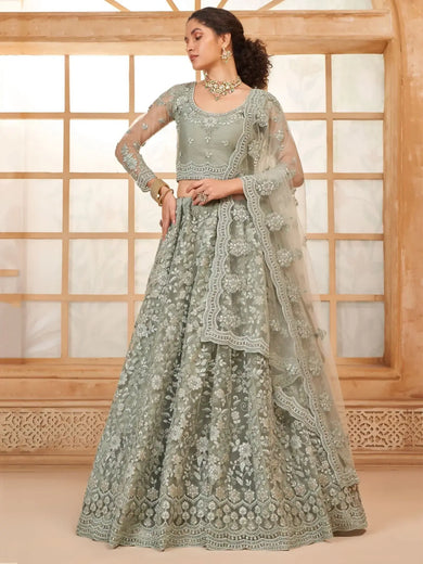 Incredible Grey Embroidered Net Lehenga Choli With Dupatta - Ethnic Plus In