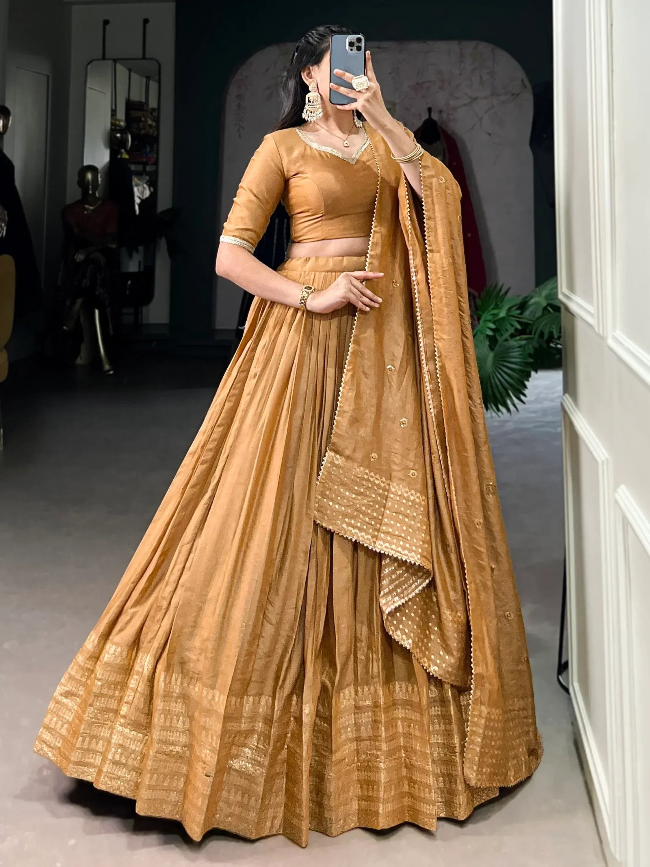 Mustard gold lehenga choli with pleated skirt and embroidered dupatta, Indian ethnic wear