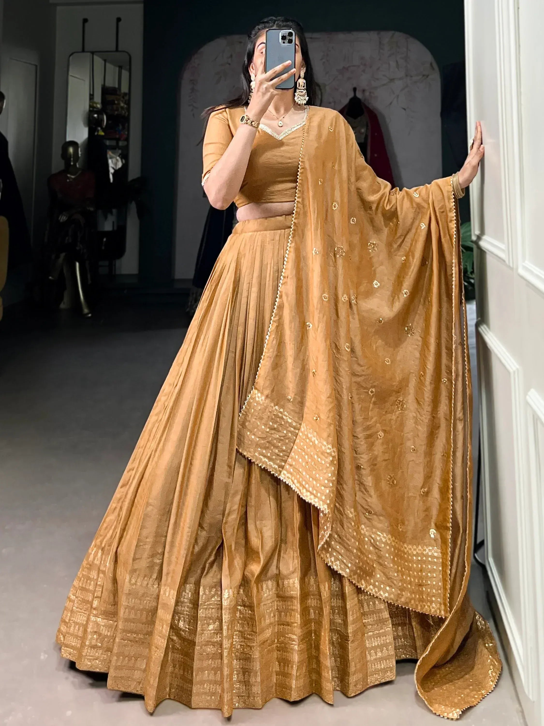 Mustard yellow lehenga choli with embroidered dupatta, perfect for Indian ethnic wear occasions