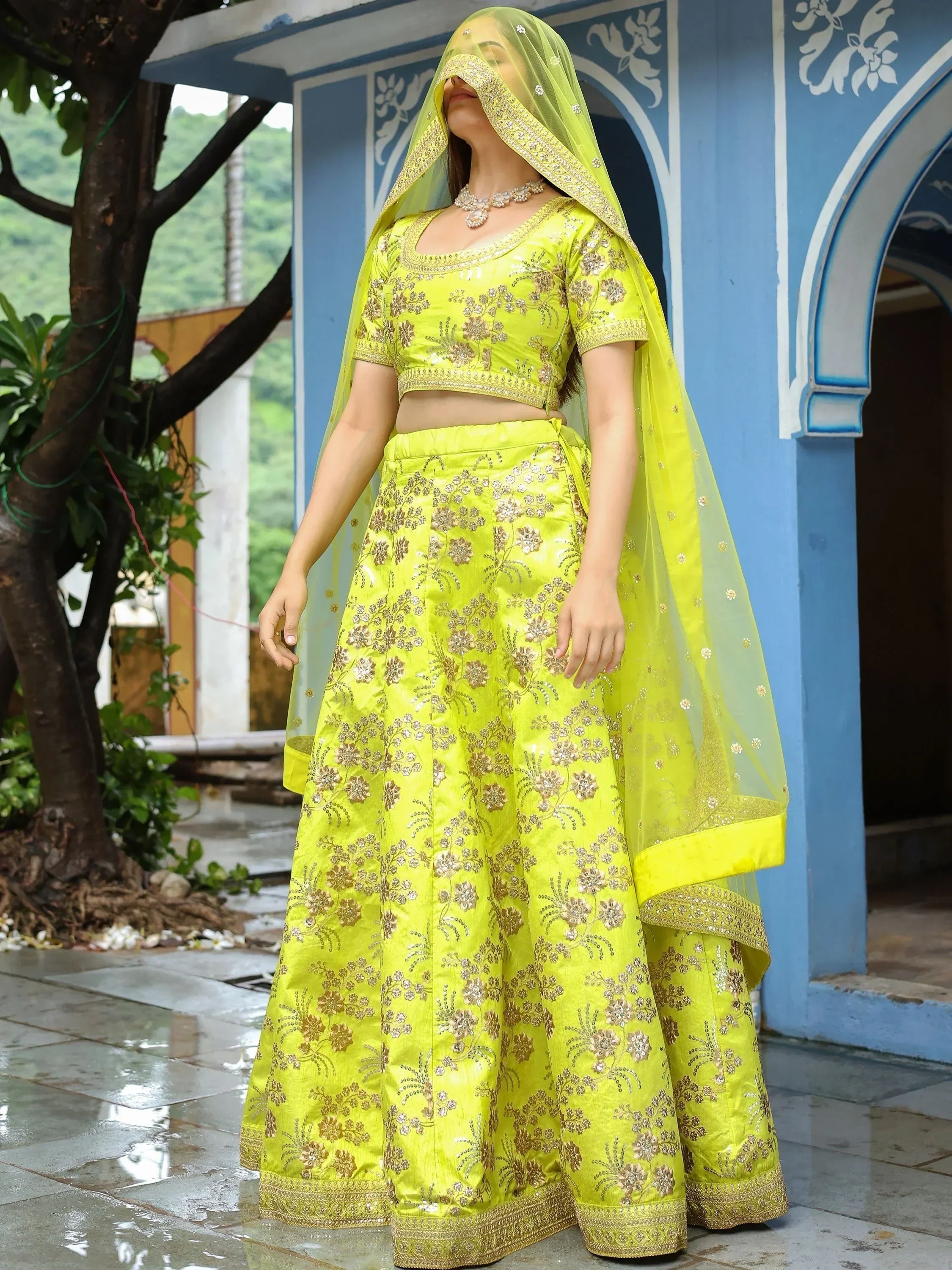 Lime green embroidered lehenga choli with dupatta, Indian ethnic wear for women