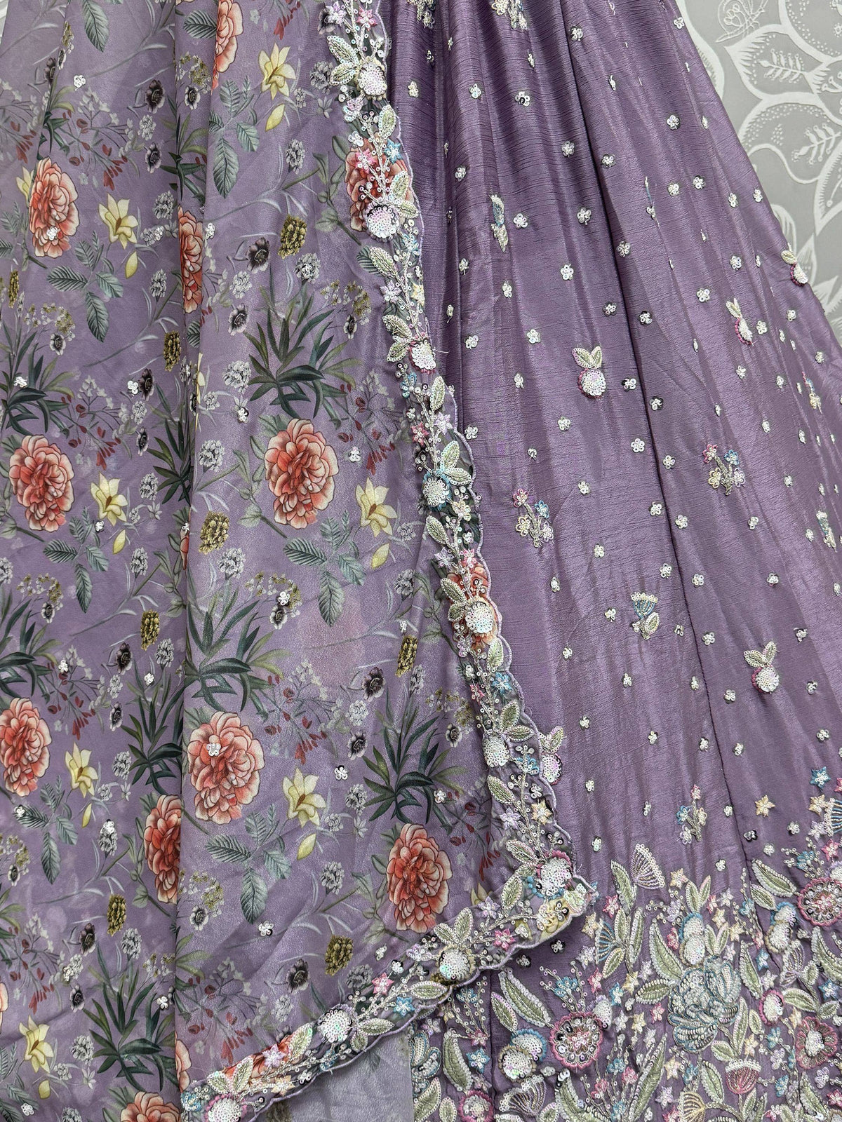 Purple floral embroidered lehenga with sequin detailing and matching dupatta, Indian ethnic wear