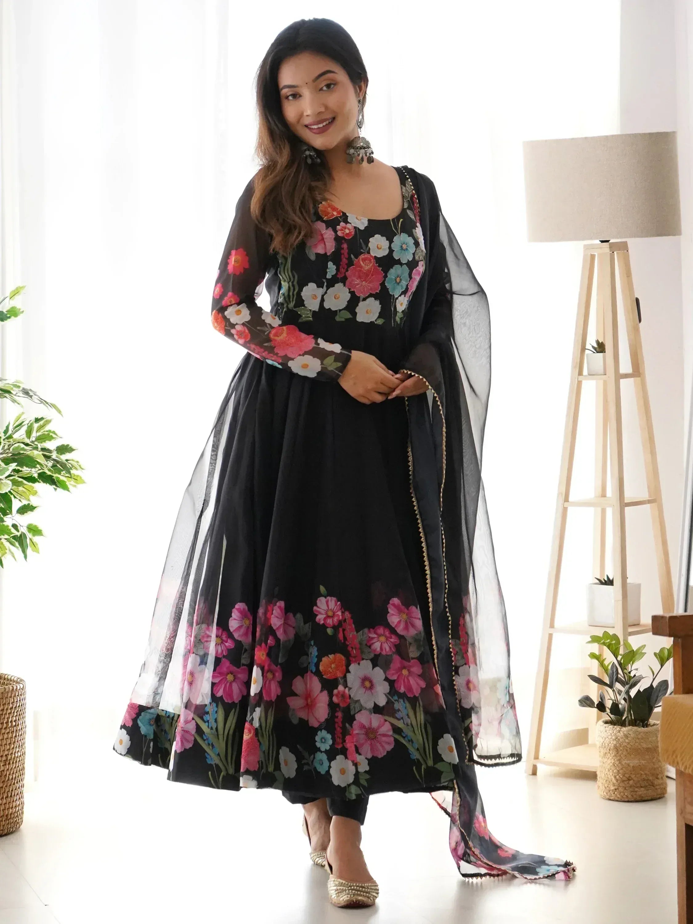 Black floral print anarkali suit with sheer dupatta, ethnic Indian wear for women