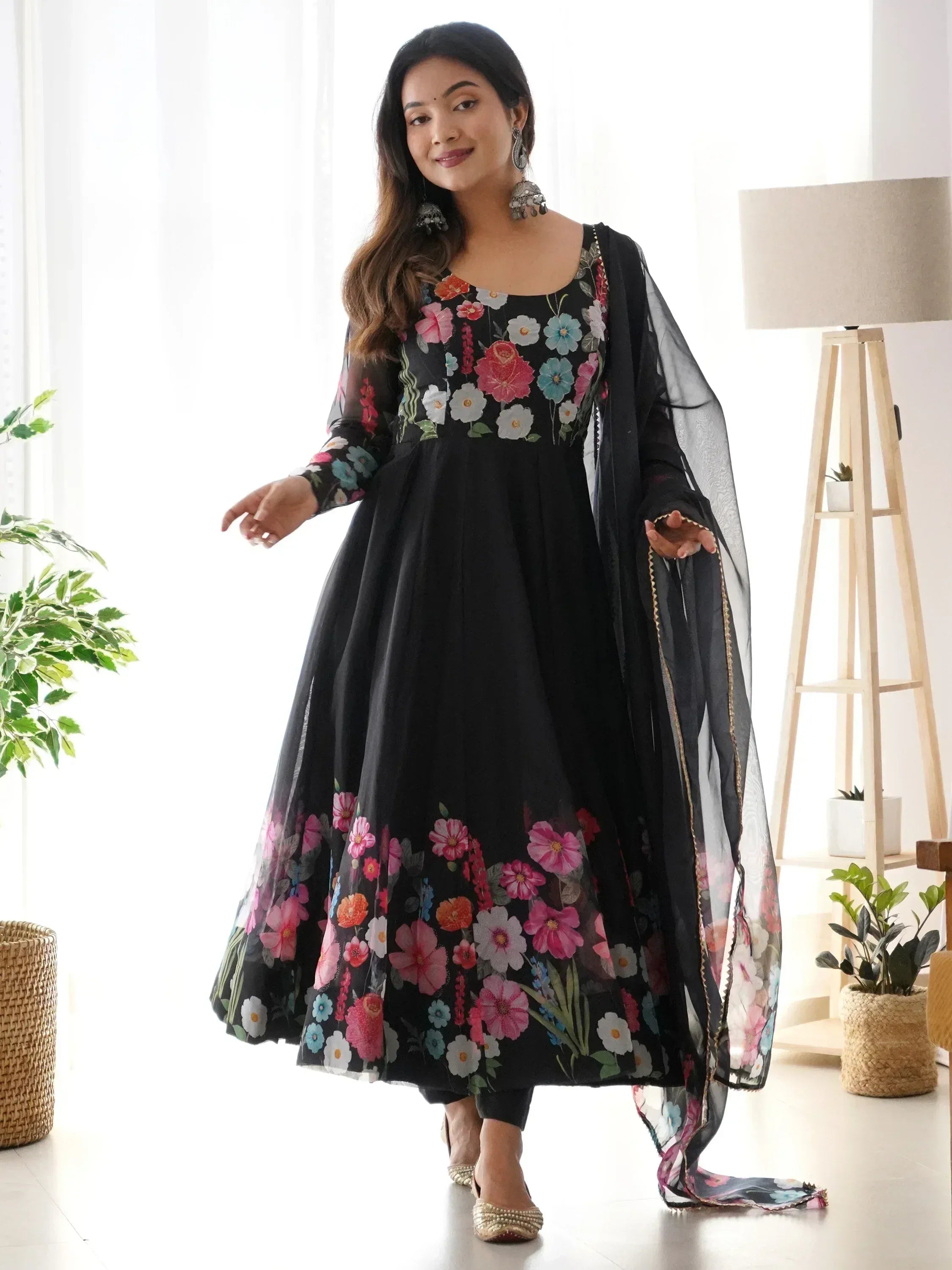 Black floral print Anarkali suit with sheer dupatta, ethnic wear for women