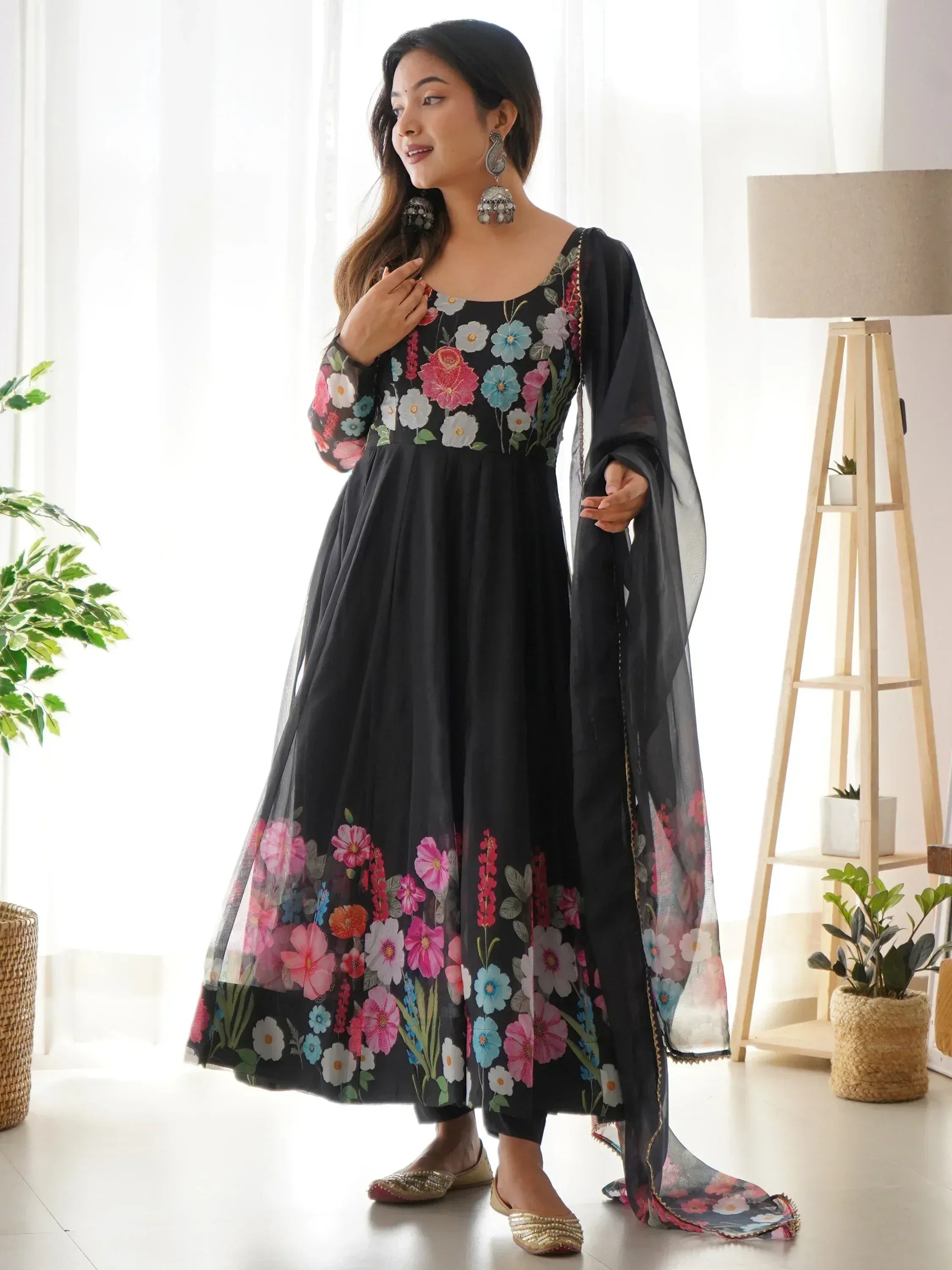 Black floral print ethnic gown with sheer dupatta, perfect for Indian occasions and festive wear