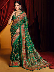 Incredible Dark Green Paisley Printed Tussar Silk Function Wear Saree
