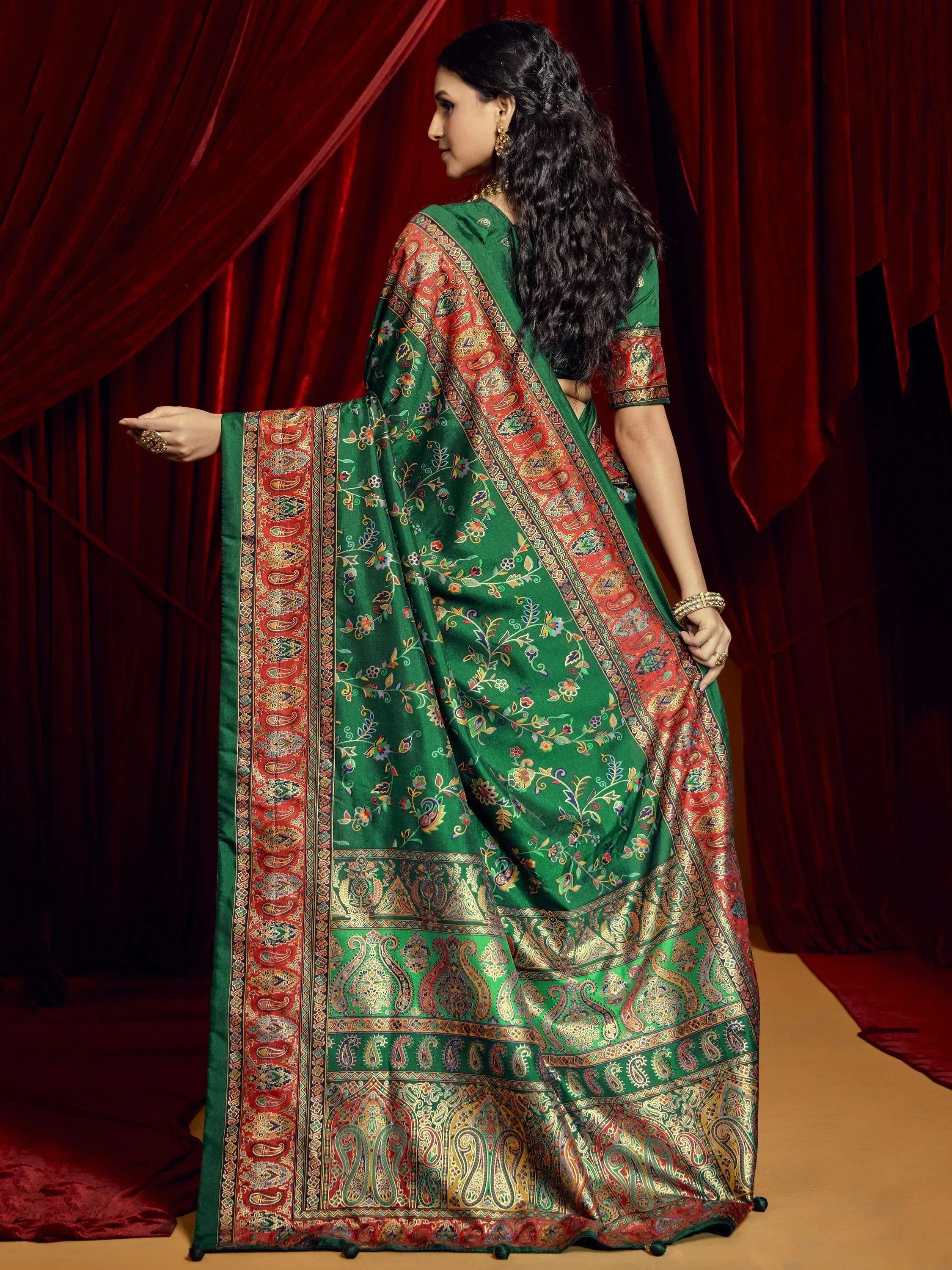 Green floral and paisley printed saree with red border, Indian ethnic wear for women