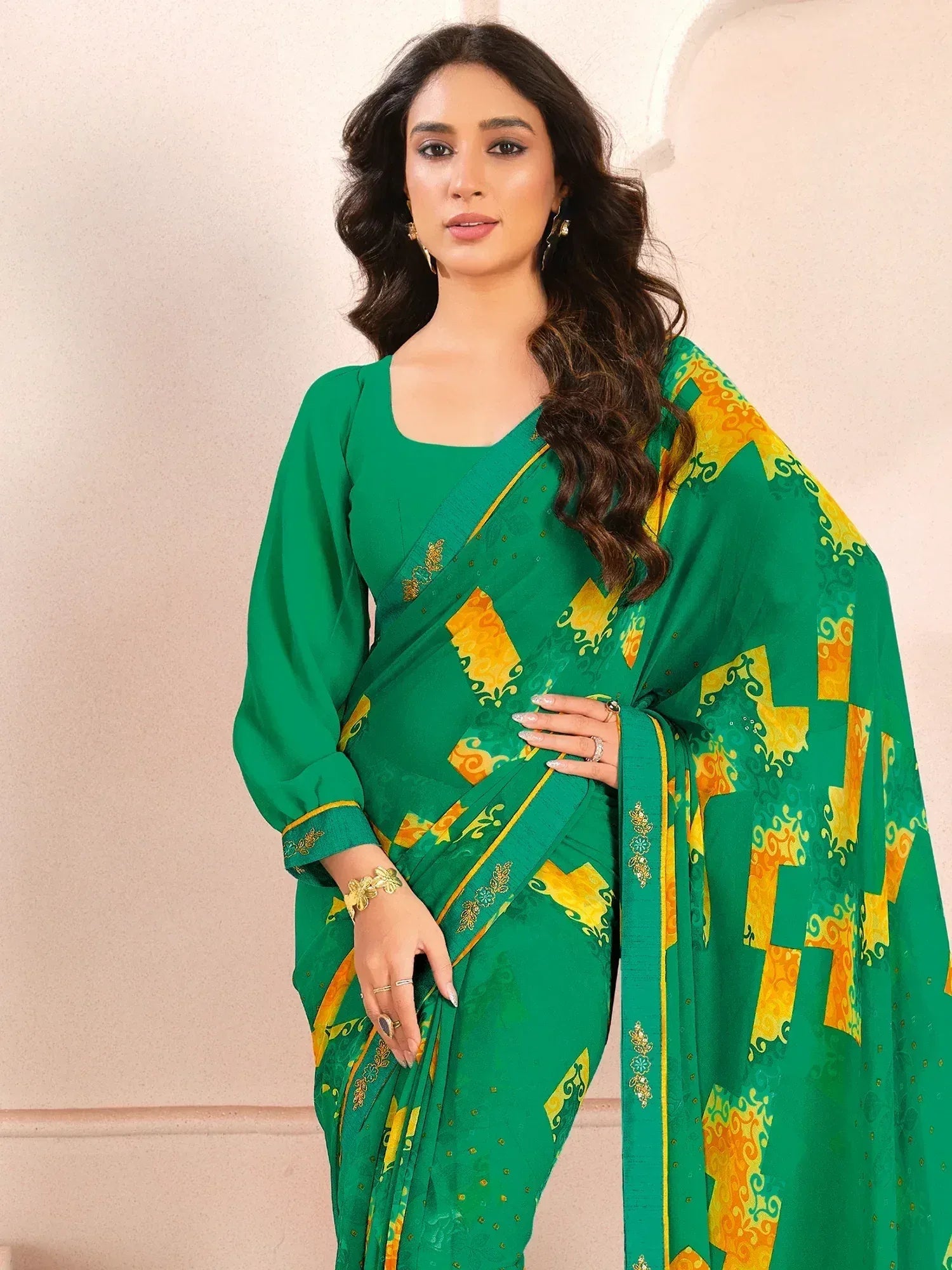 Green printed saree with yellow floral motifs, perfect for Indian ethnic wear occasions