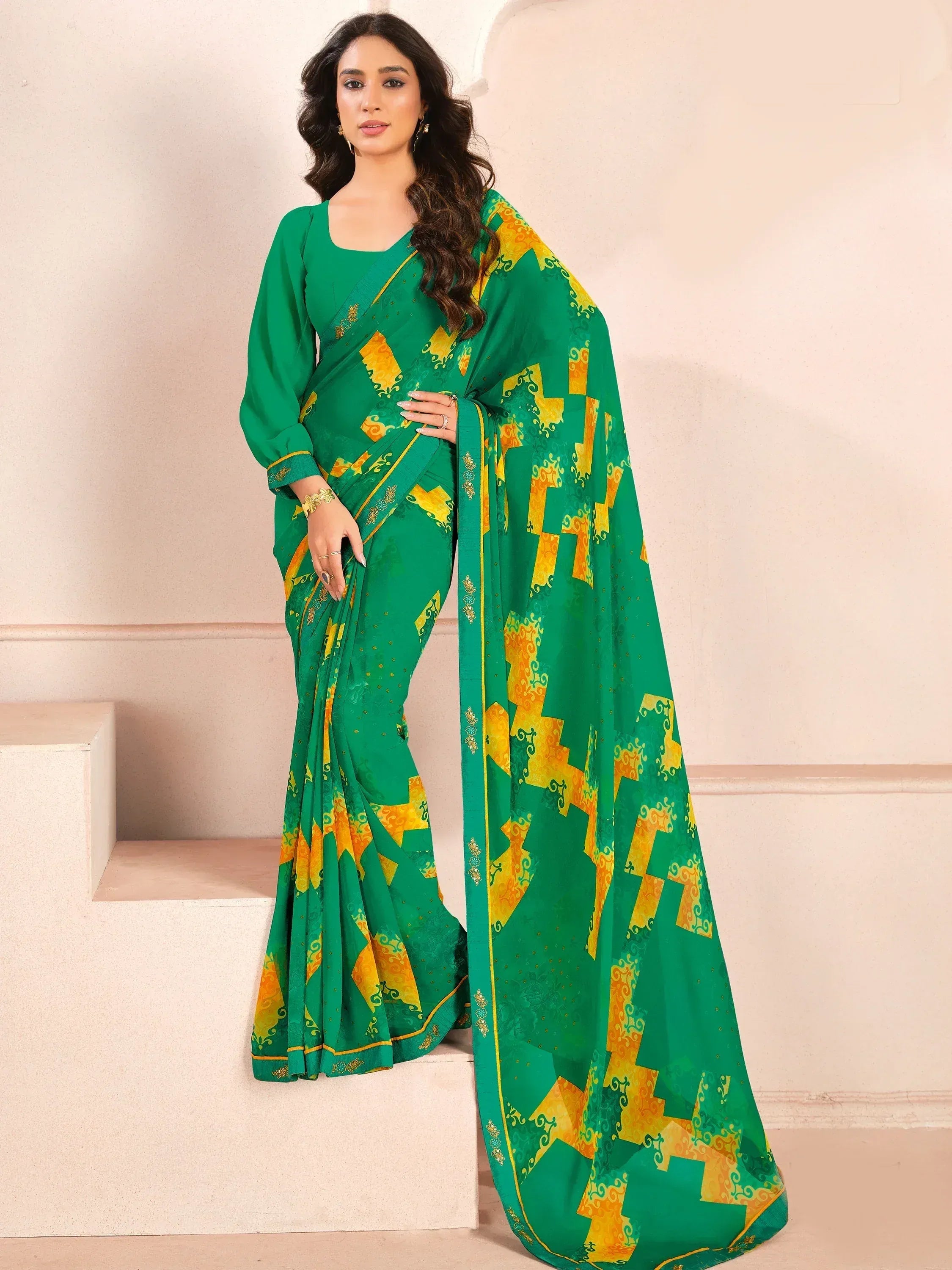 Green printed saree with yellow geometric patterns, ethnic wear for women