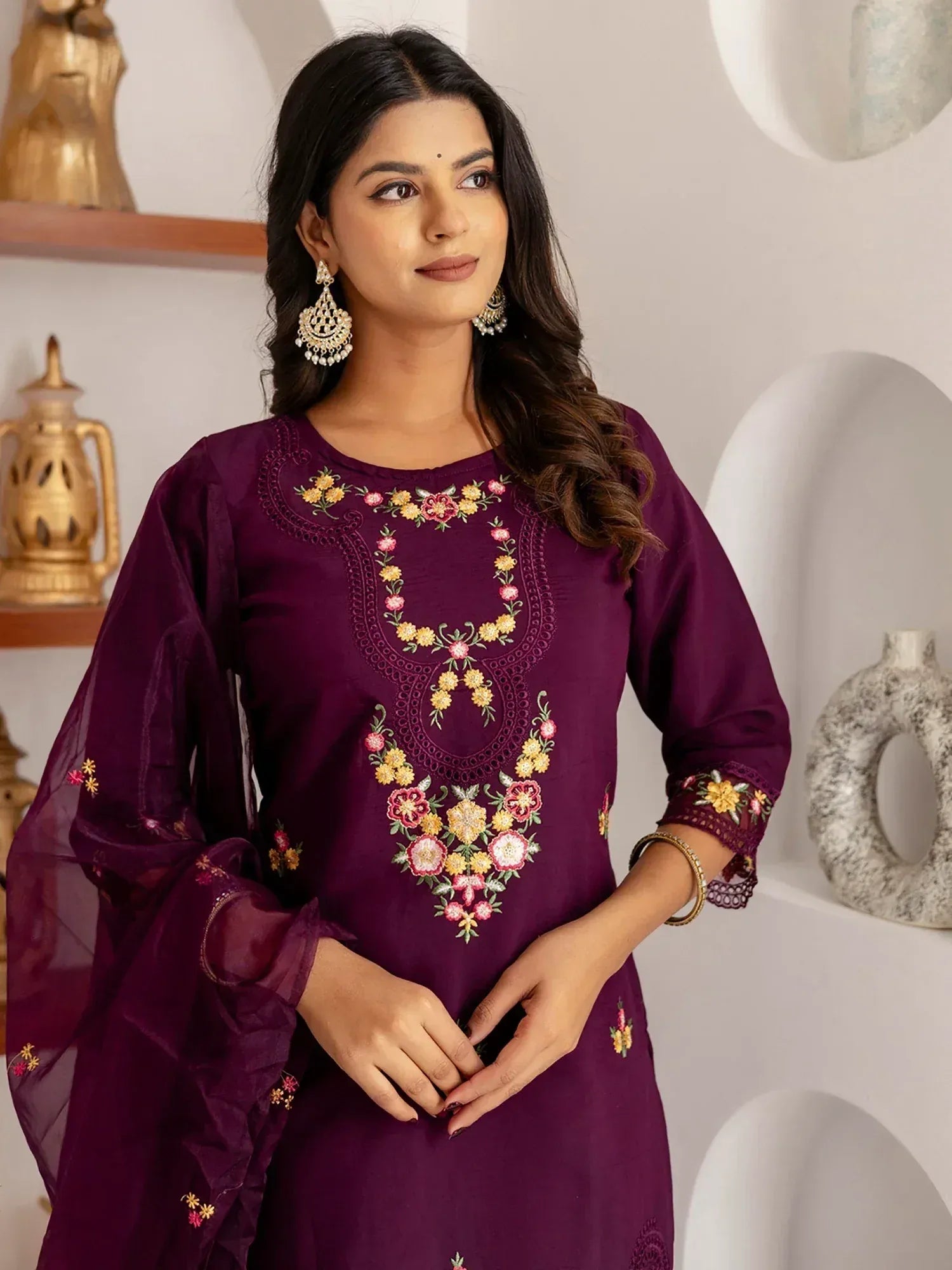 Purple embroidered ethnic kurti with floral design, perfect for Indian wear occasions