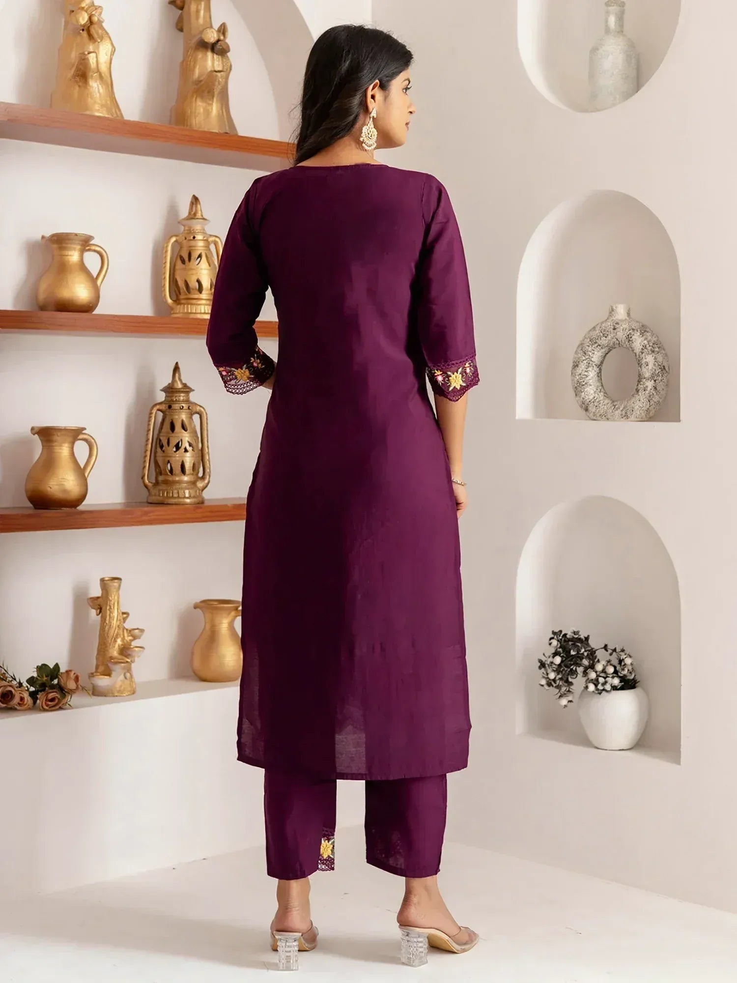 Purple ethnic kurta with floral embroidery and matching pants, stylish Indian wear for women