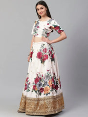 Off-White & Red Printed Semi-Stitched Myntra Lehenga & Unstitched Blouse with Dupatta