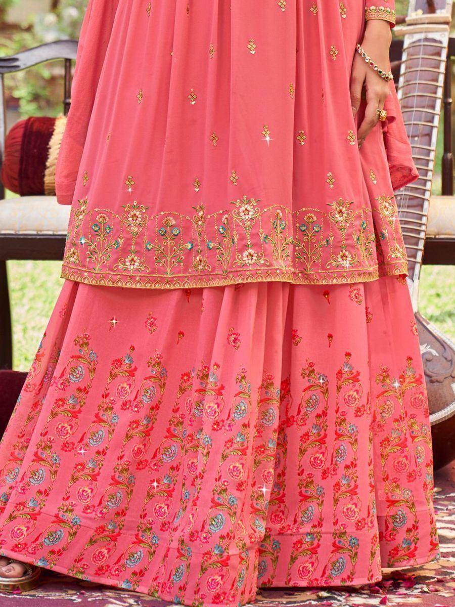 Pink floral embroidered lehenga choli with gold detailing, perfect for Indian ethnic wear occasions