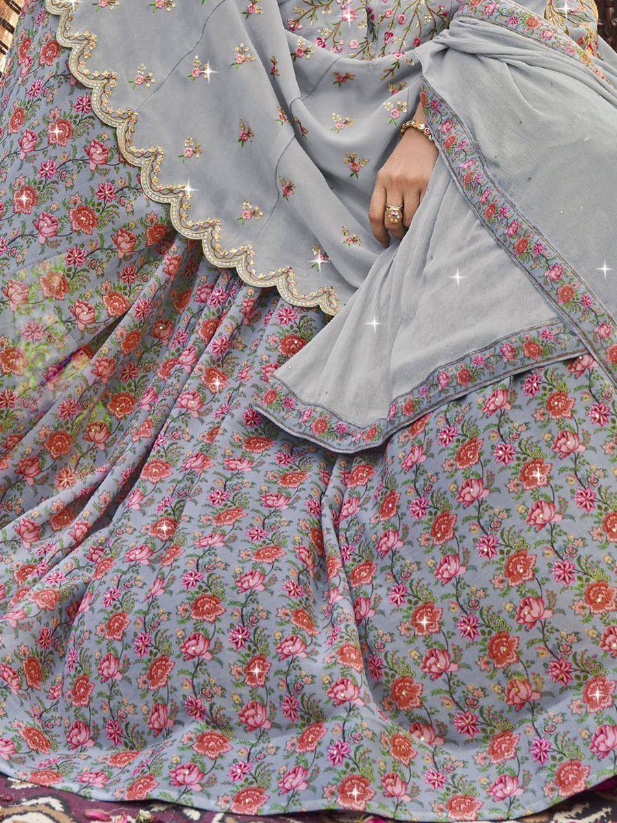 Grey floral printed lehenga choli with scalloped border and embroidery, ethnic Indian wear