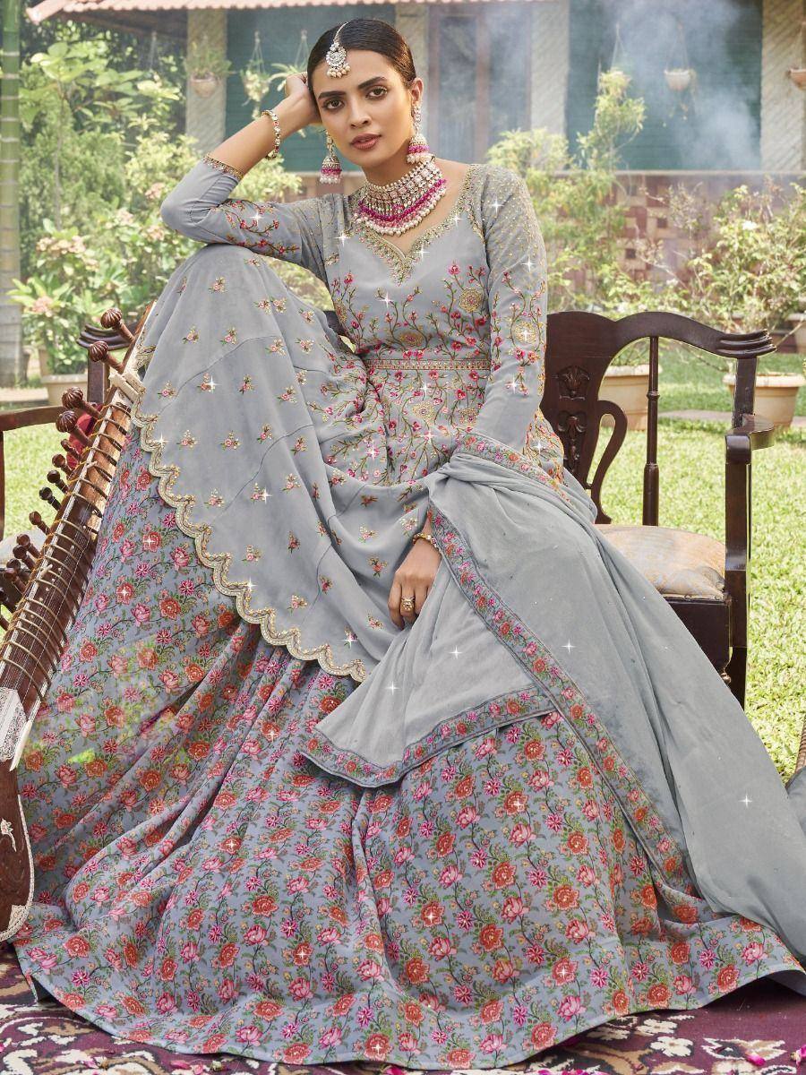 Grey floral lehenga choli with embroidery, perfect for Indian ethnic wear occasions