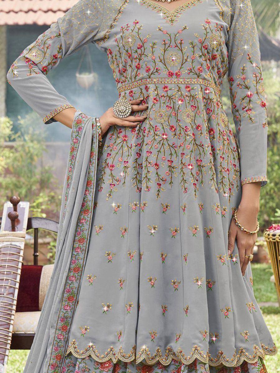 Grey floral embroidered anarkali suit with matching dupatta, perfect for Indian ethnic occasions