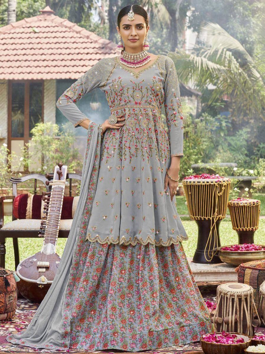 Grey floral embroidered anarkali suit with dupatta, perfect for Indian ethnic occasions and weddings.