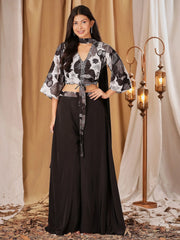 Gorgeous Black Printed Crepe Crop Top Palazzo With Dupatta