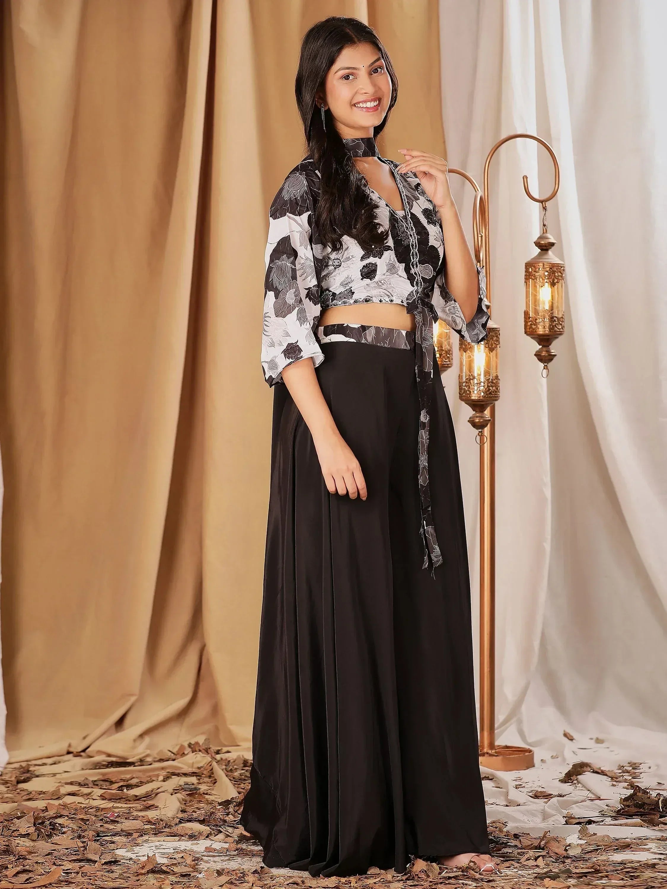 Black and white floral crop top with matching palazzo pants, ethnic wear for women