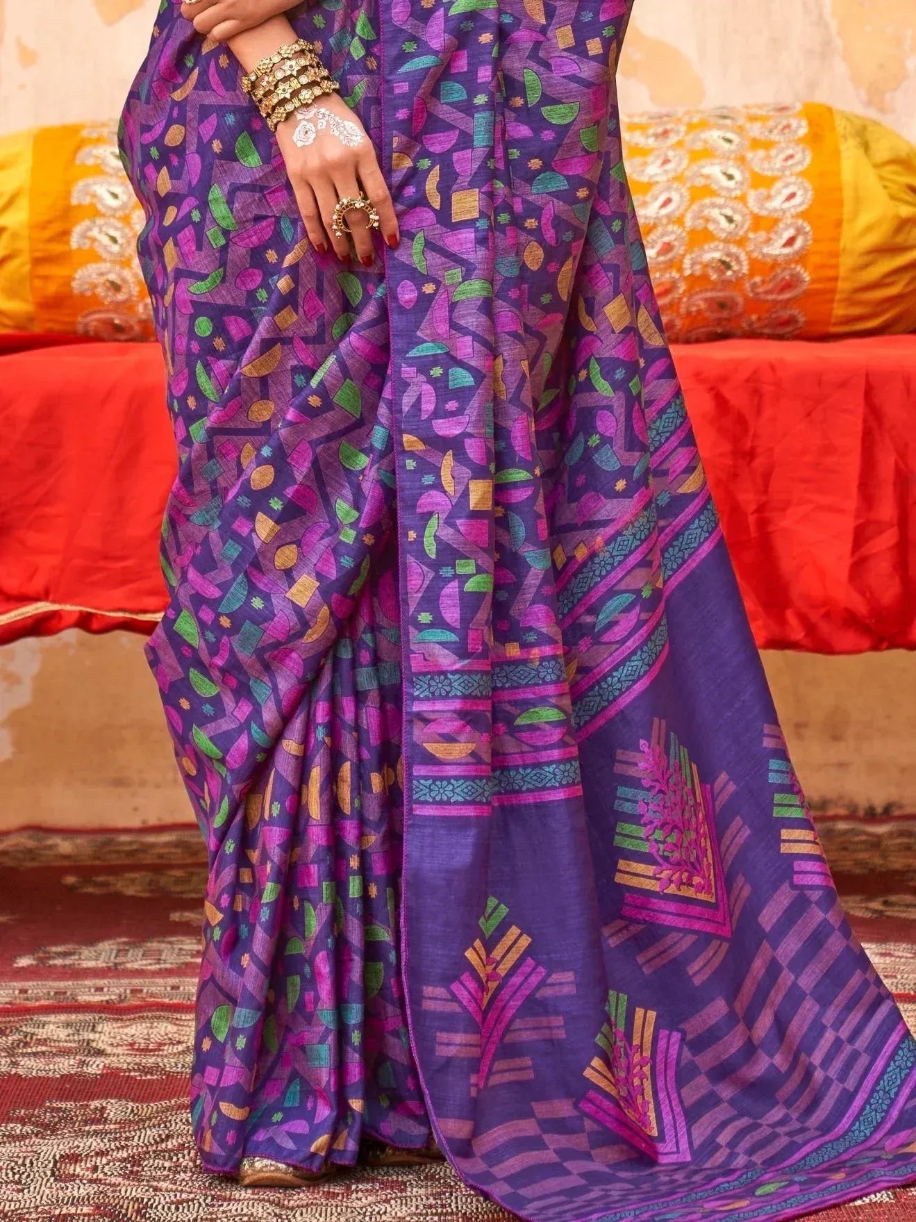 Purple geometric print saree with colorful motifs, ethnic wear for women