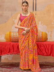 Alluring Orange Digital Printed Silk Office Wear Saree With Blouse