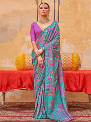 Remarkable Teal Blue Digital Printed Silk Traditional Saree With Blouse