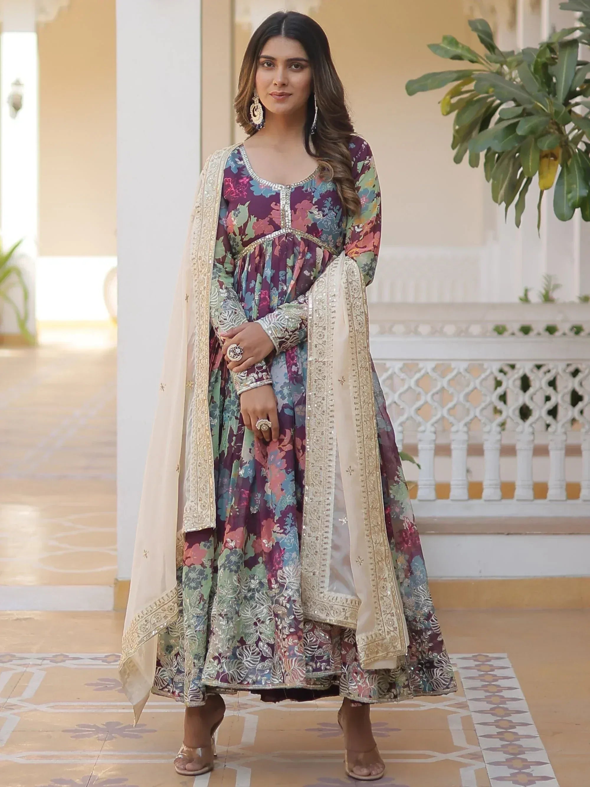 Floral print Indian anarkali suit with gold embroidery and dupatta, perfect for ethnic occasions