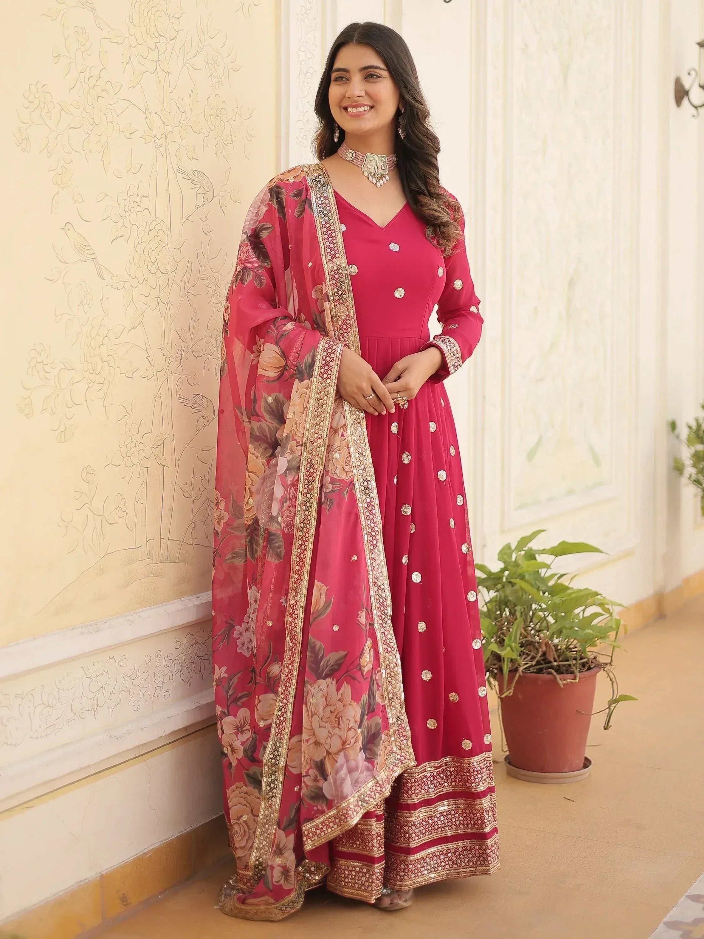 Pink floral anarkali suit with gold embroidery and dupatta, Indian ethnic wear for women