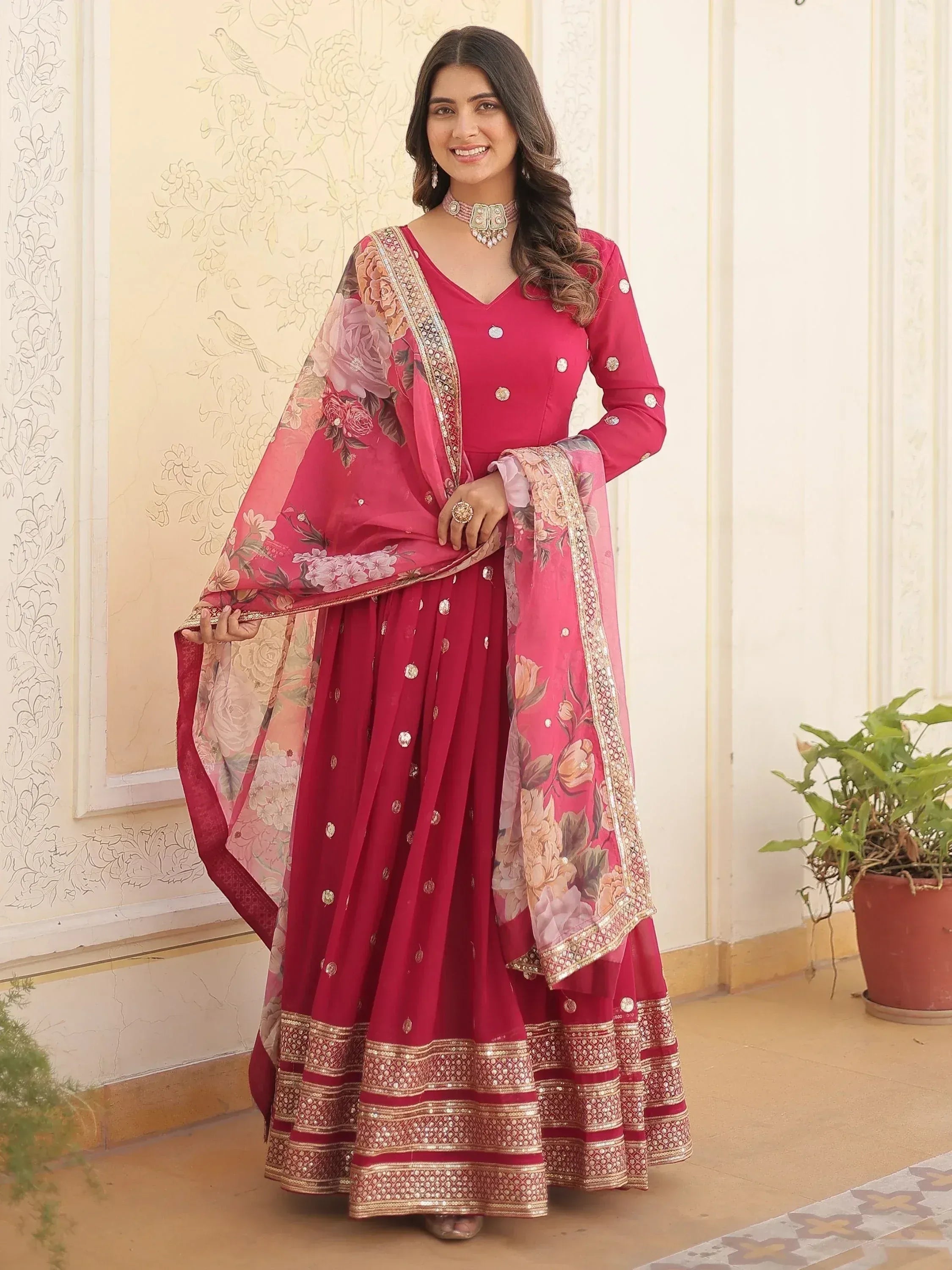 Pink floral print Indian ethnic sharara suit with gold embroidery and dupatta