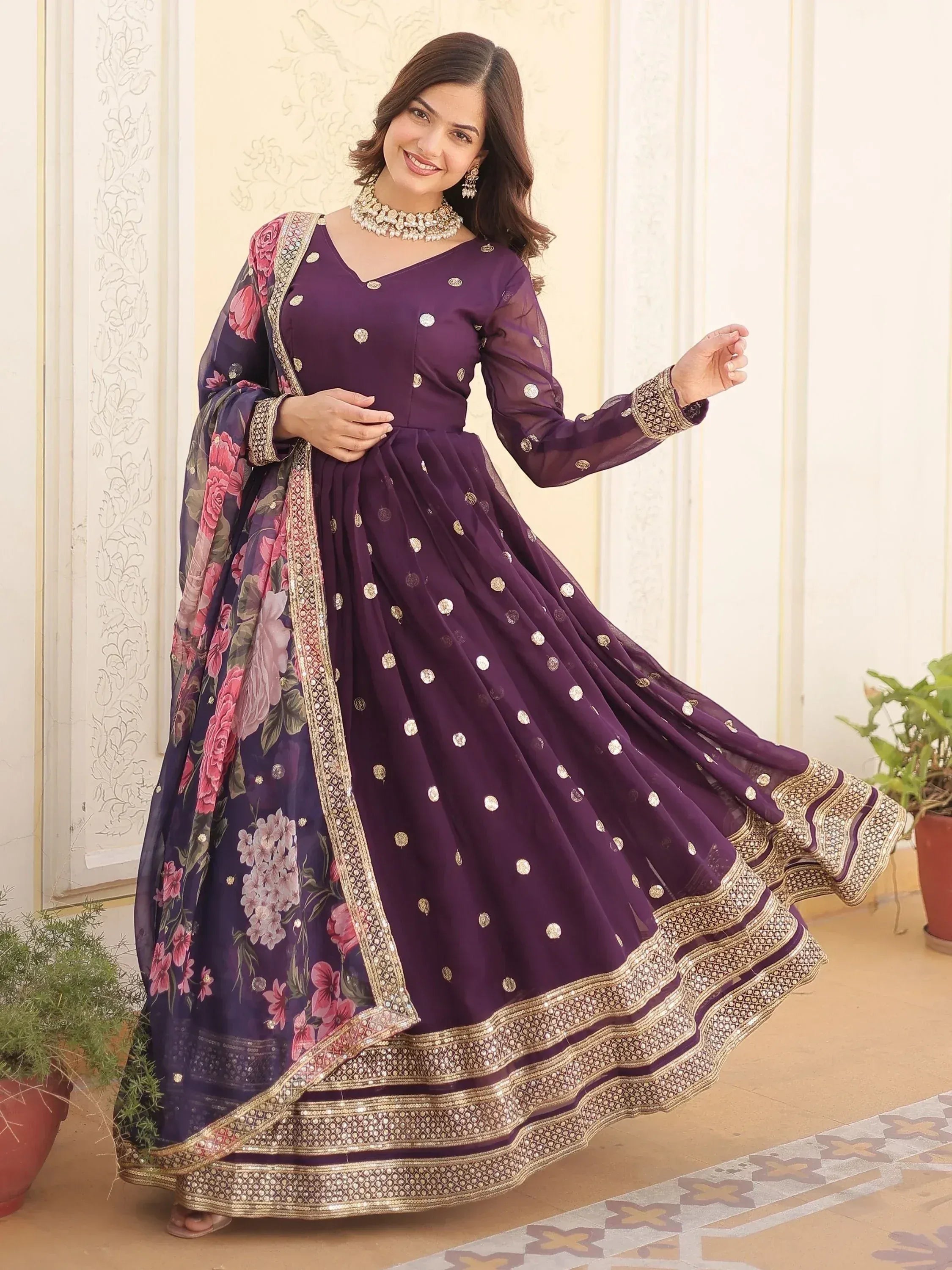 Purple floral anarkali with gold embroidery and dupatta, Indian ethnic wear for women