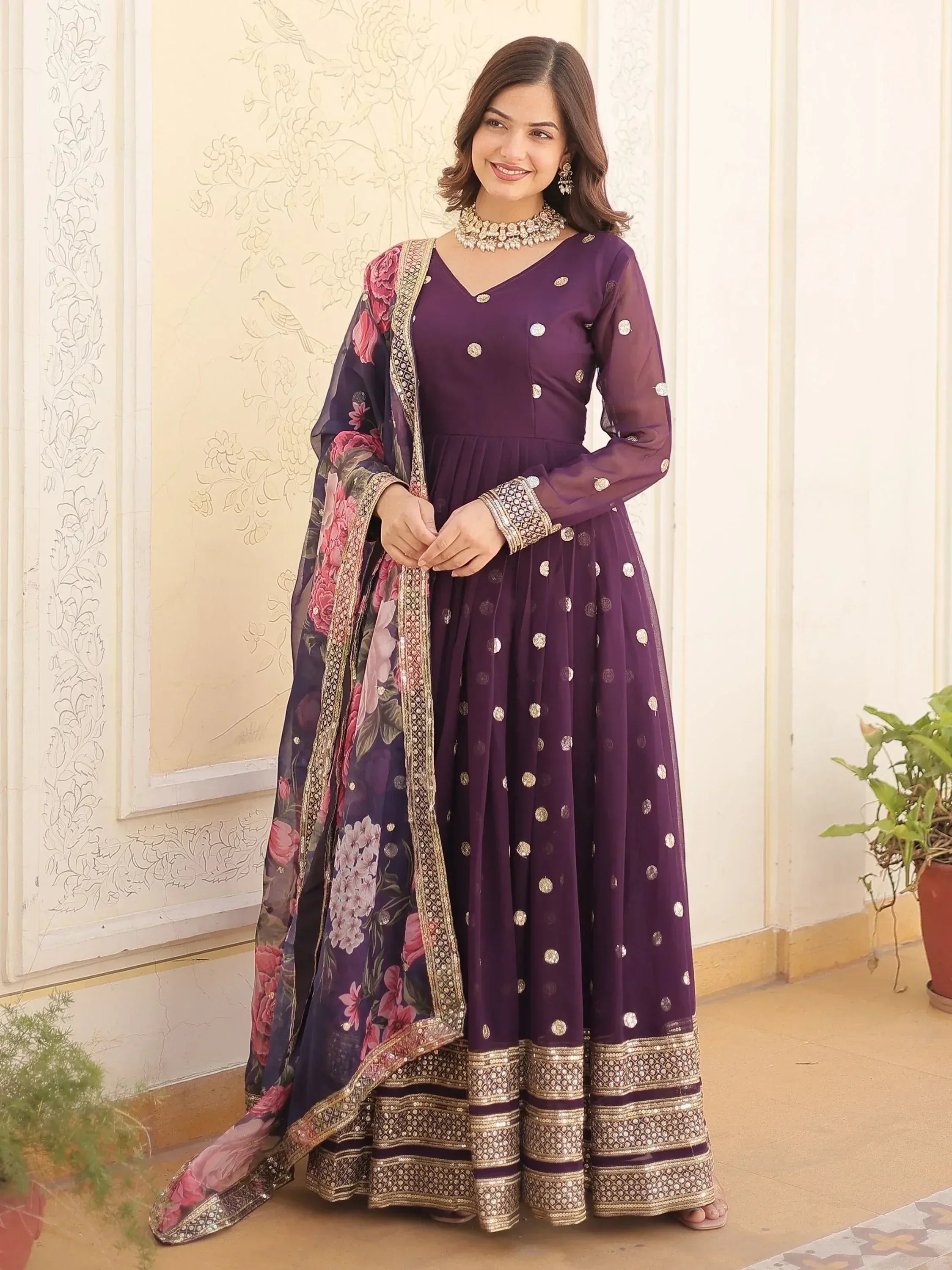 Purple designer anarkali suit with floral dupatta, perfect for Indian ethnic wear occasions