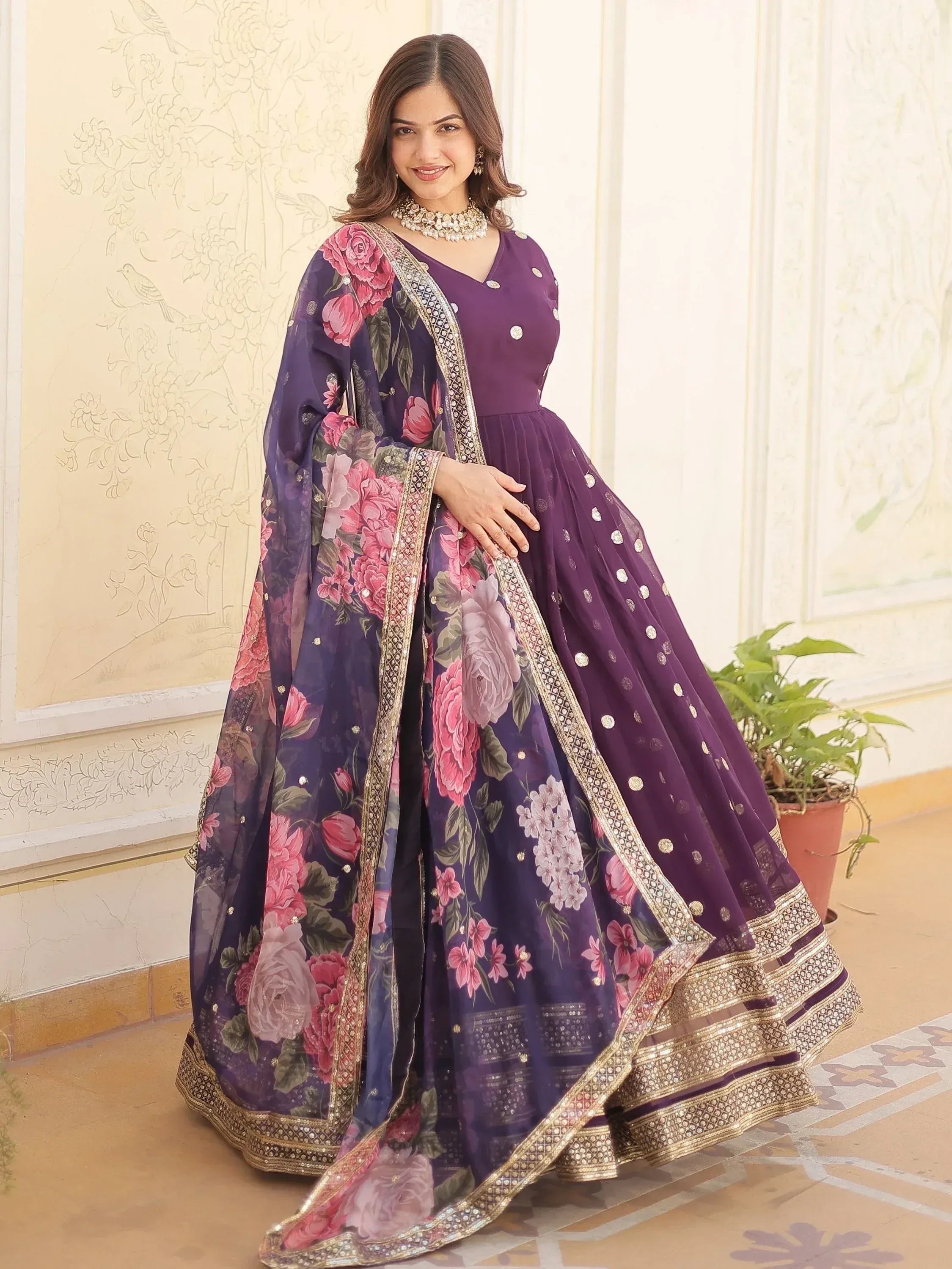 Purple floral lehenga choli with gold embroidery, perfect for Indian ethnic wear occasions