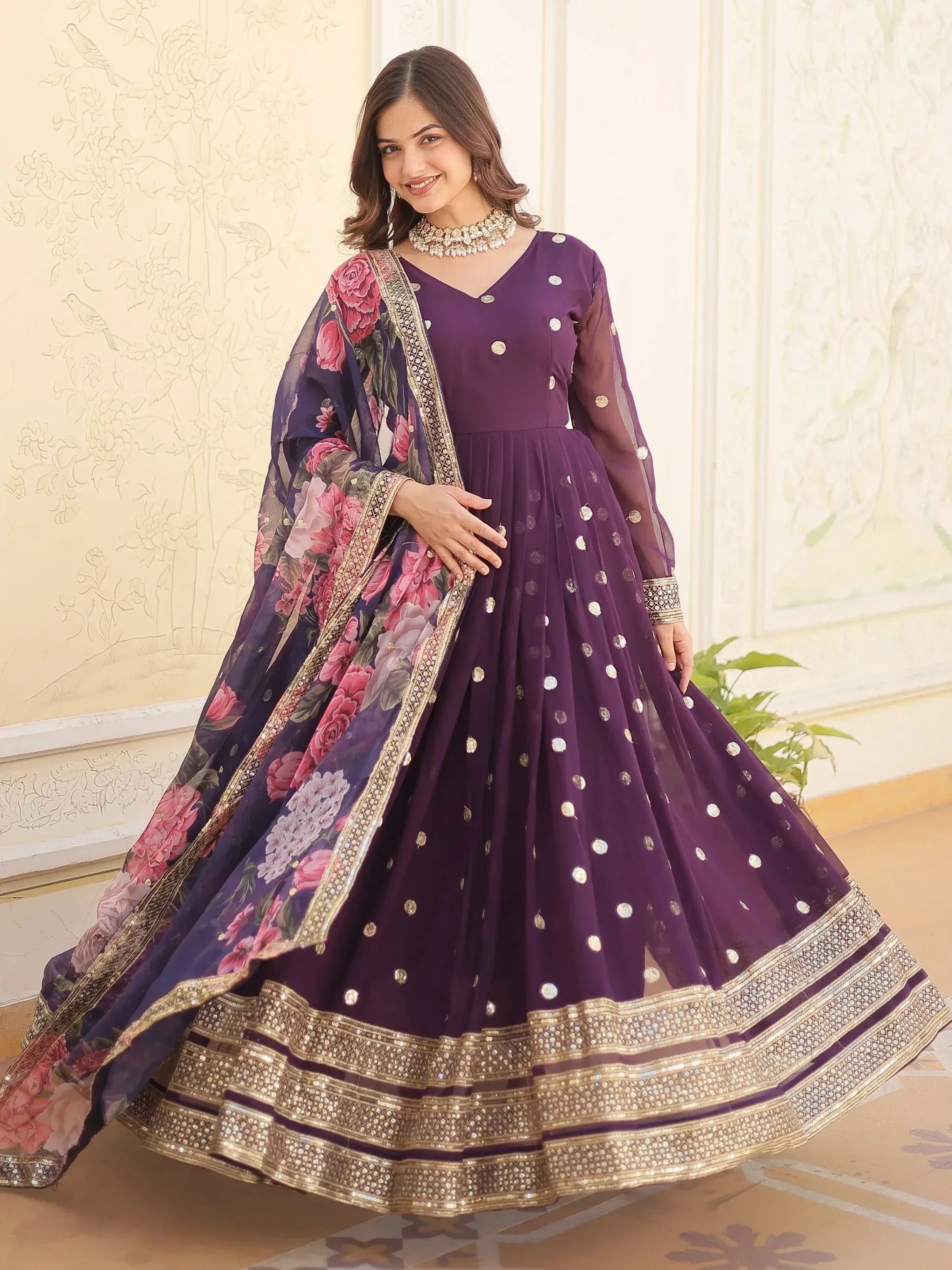 Purple designer lehenga choli with floral dupatta, gold embroidery, and sequin work for Indian ethnic wear