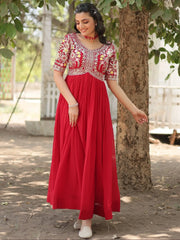 Spectacular Red Thread Embroidered Georgette Reception Wear Gown