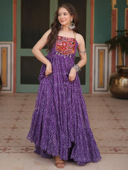 Traditional Purple Bandhani Printed Georgette Navratri Wear Gown