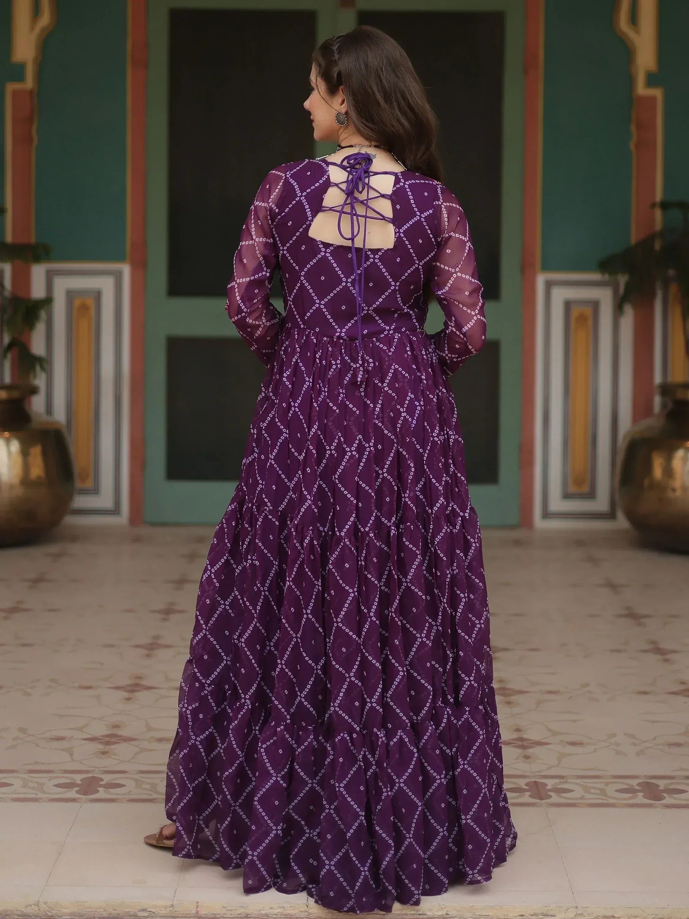Purple ethnic gown with back tie-up and geometric print, perfect for Indian occasions